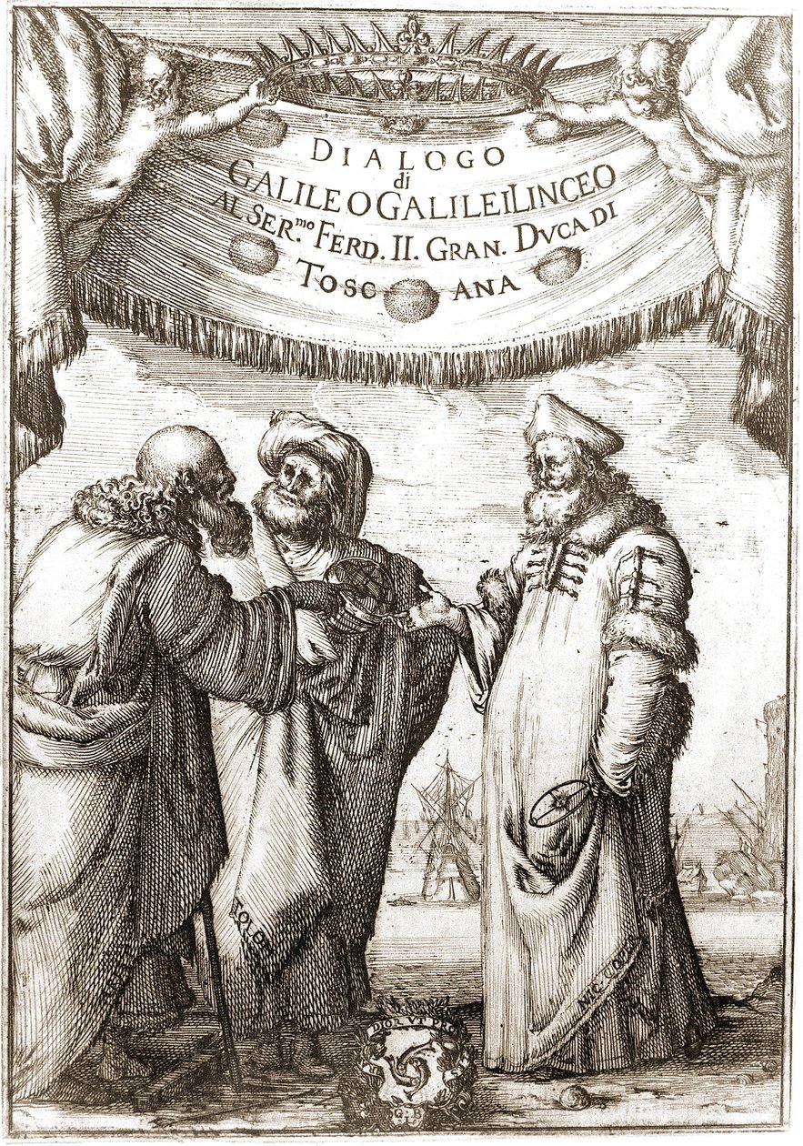 Aristoteles, Ptolemaeus en Nicolaus Copernicus (Nicolaus Copernicus, 1473-1543) (astronomen) in gesprek - in Dialogo sopra i due massimi sistemi del mondo van Galileo, Galilei linceo, al Ser. mo F door Unknown