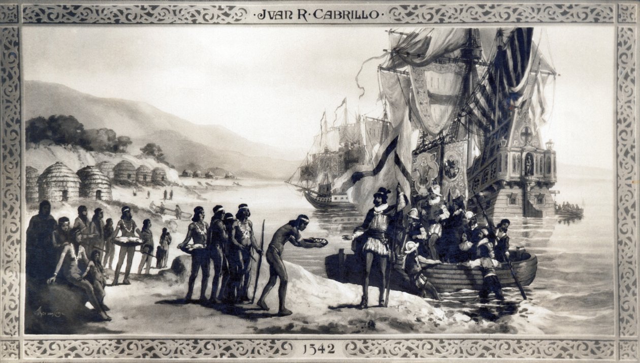 Californië: 1542 Een schilderij dat Juan Rodriguez Cabrillo toont die inheemse bevolking ontmoet aan de kust van Californië tijdens zijn expeditie. door Unknown