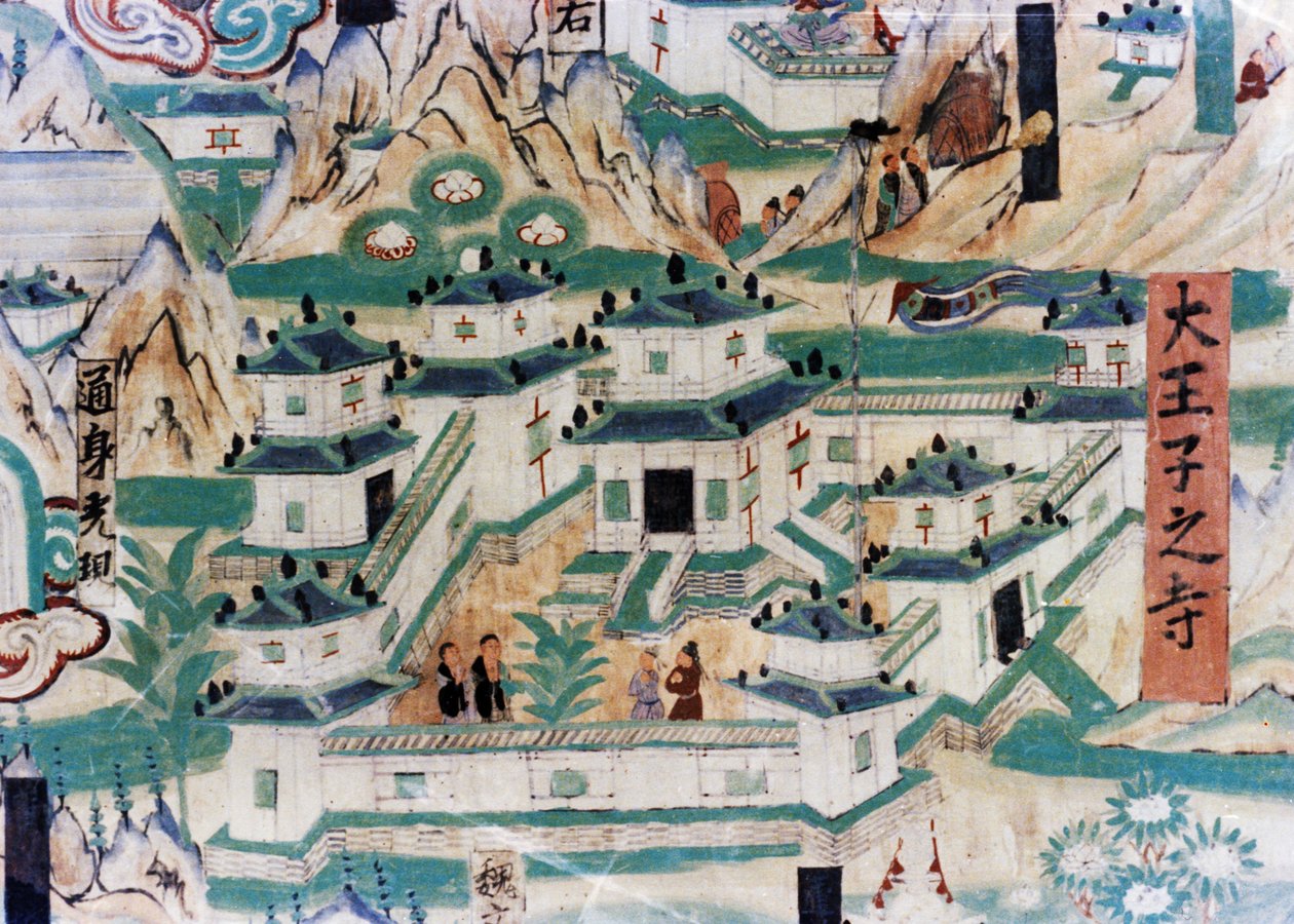 Detail van de Wutai Berg (Wutaishan) Kaart, een muurschildering gemaakt tijdens de Vijf Dynastieën (907 - 960) in de Dunhuang Grotten, die een klooster toont door Unknown