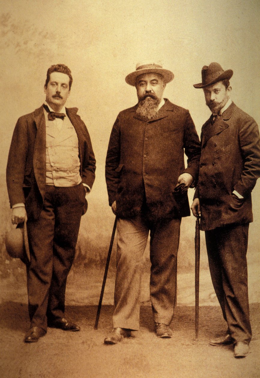 Giacomo Puccini (1858-1924) met zijn librettisten, Giuseppe Giacosa en Luigi Ilica door Unknown