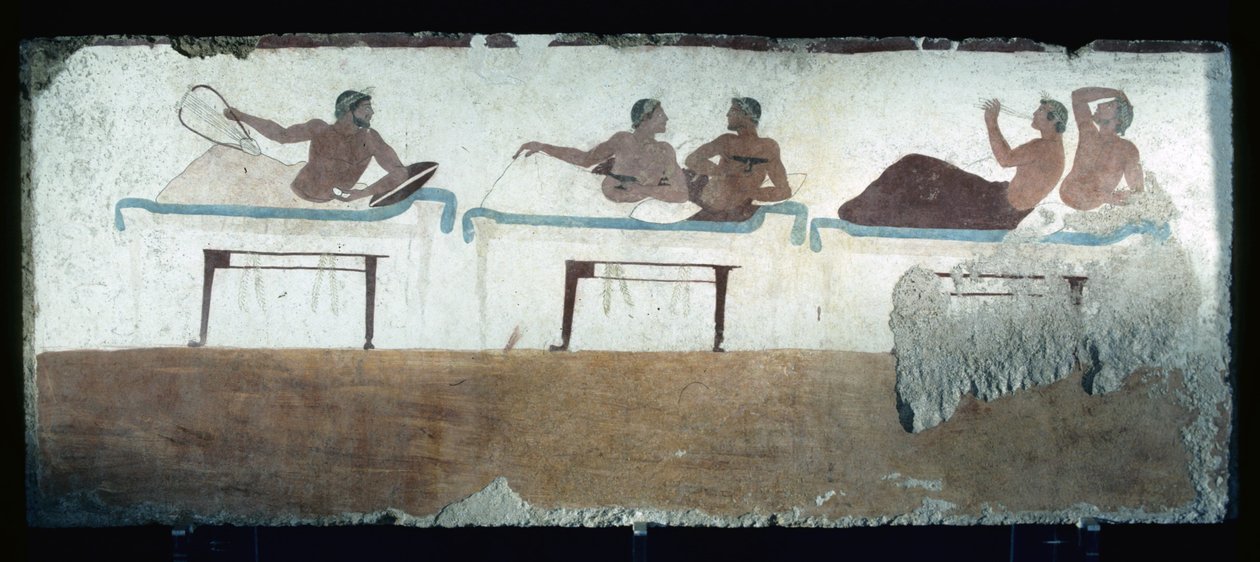 Griekse schildering uit het graf van de duiker, Paestum, 480 v.Chr. Banketters. Symposiumscène, Italië door Unknown
