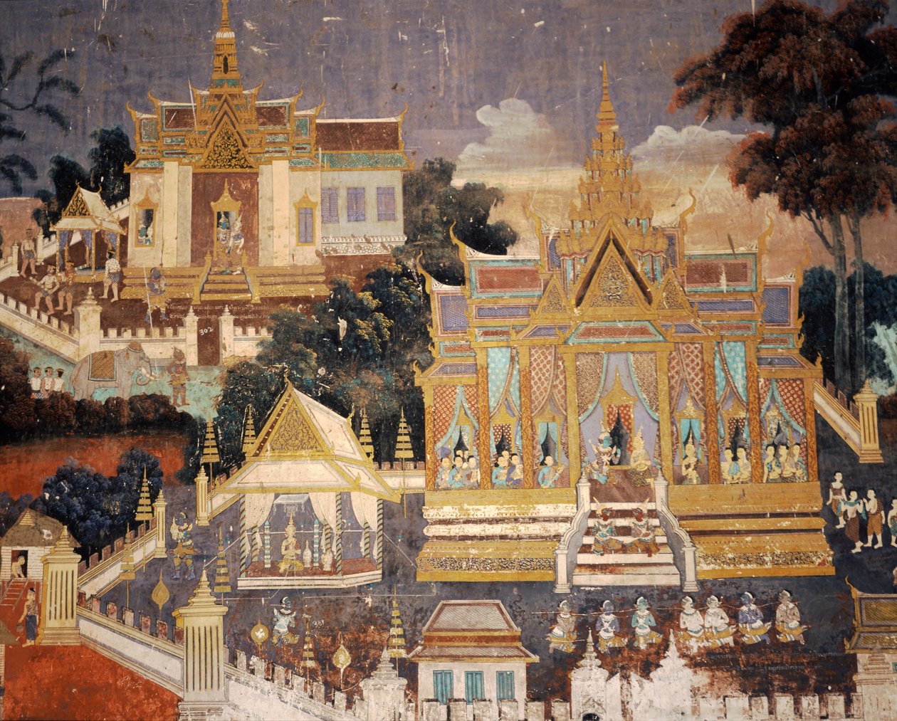 Muurschildering van het Koninklijk Paleis, Phnom Penh, Cambodja, binnen de Zilveren Pagode door Unknown