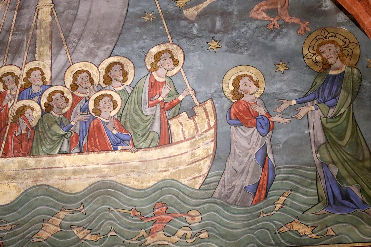 Saint-Pierre-le-Jeune Protestantse Kerk, Meer van Tiberias, Christus loopt op water en Sint-Pieter, fresco, Straatsburg, Frankrijk door Unknown