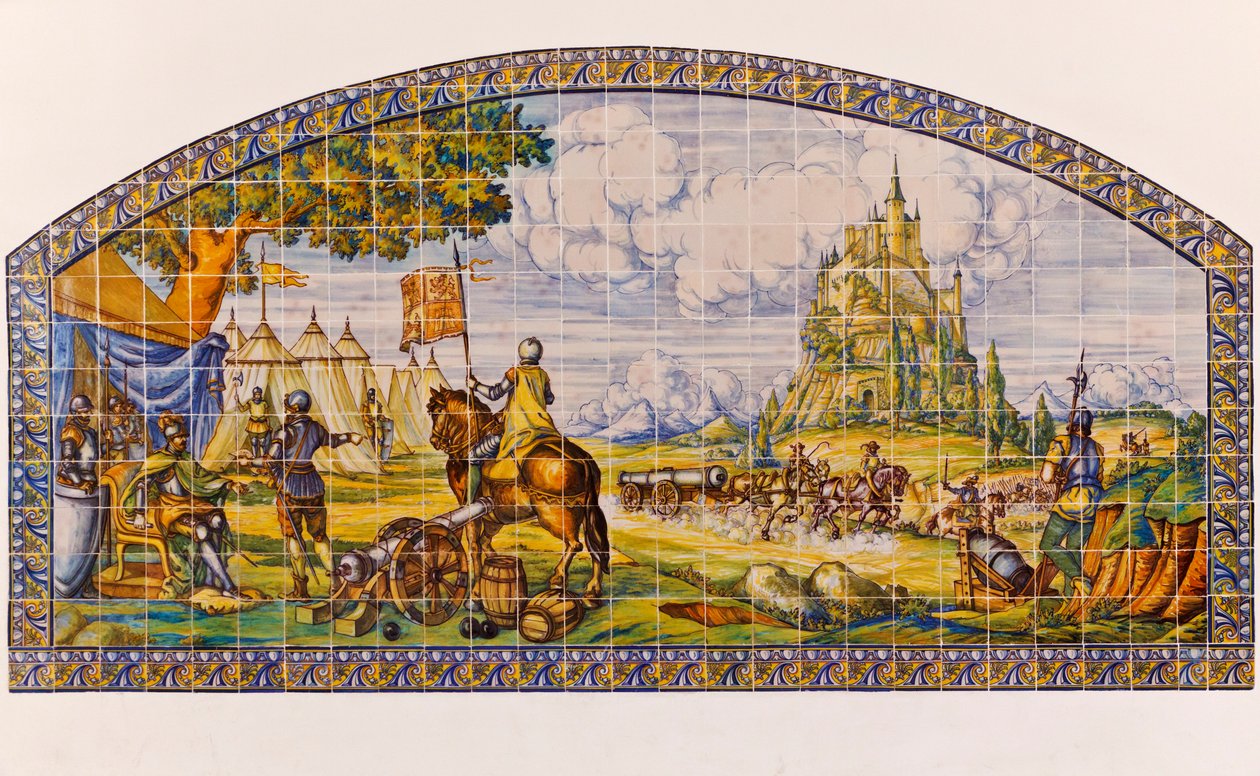 Segovia, provincie Segovia, Spanje. Moderne keramische tegel schilderij van Segovia ten tijde van de Opstand van de Comuneros 1520-1521 door Unknown