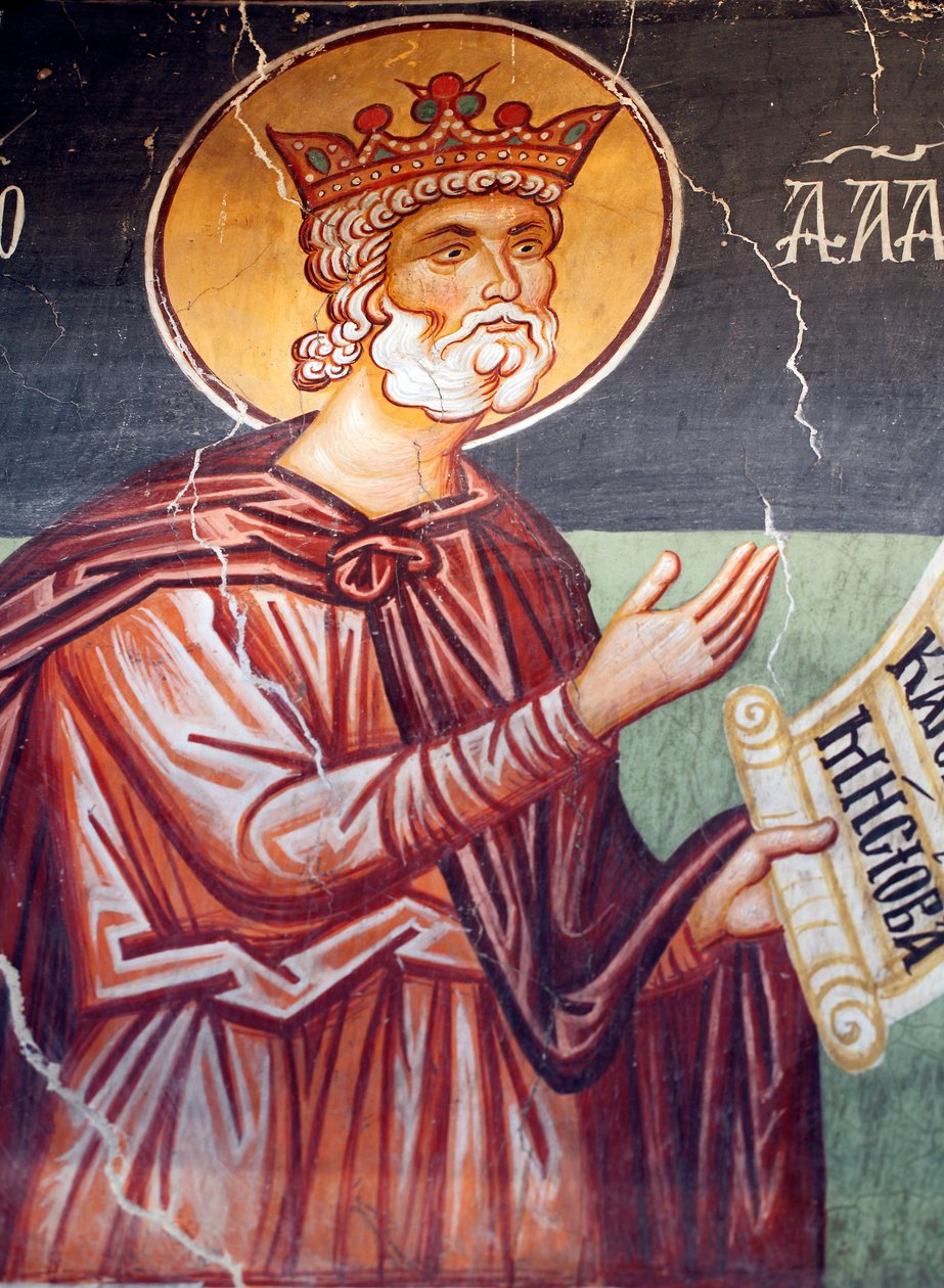 Byzantijns fresco uit de 15e eeuw (detail), eerste koning en profeet David, Michael Archangel Kerk in Pedoulas, Cyprus door Unknown
