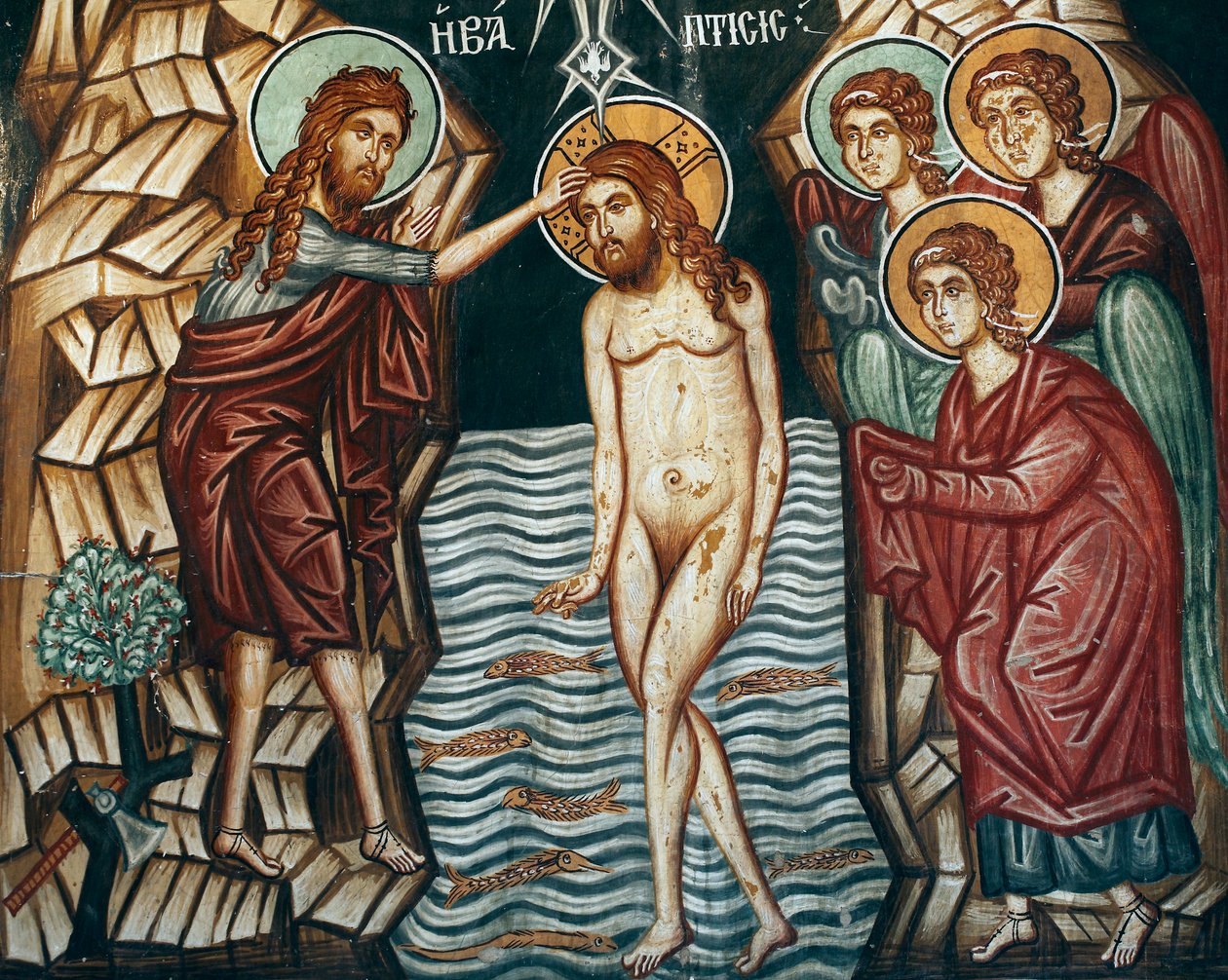 Byzantijns fresco uit de 15e eeuw, Christus Doop, Michael Archangel Kerk in Pedoulas, Cyprus door Unknown