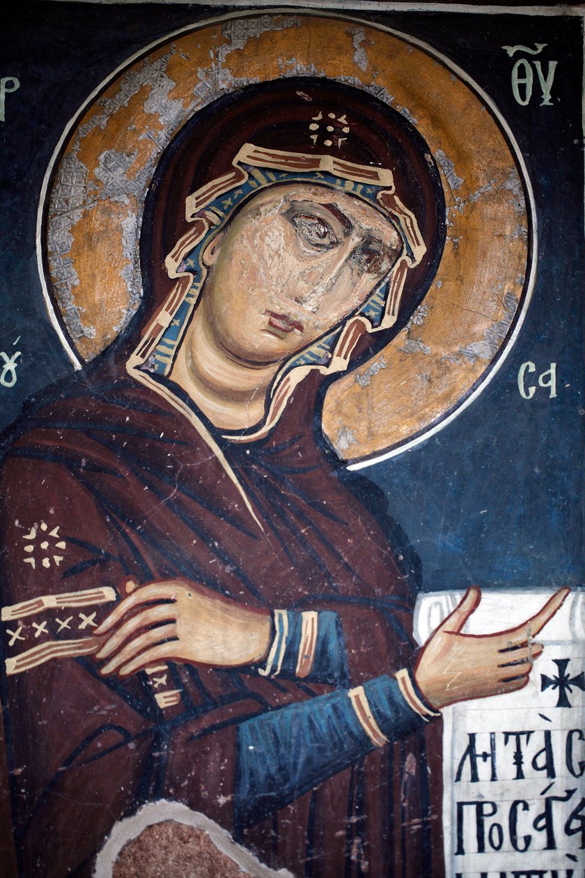 De Barmhartige Maagd, Byzantijns muurschildering uit de kerk van Asinou, Laatste oordeel scène, 12e eeuw, gerestaureerd in de 14e eeuw, UNESCO werelderfgoed, Troodos regio, Cyprus door Unknown