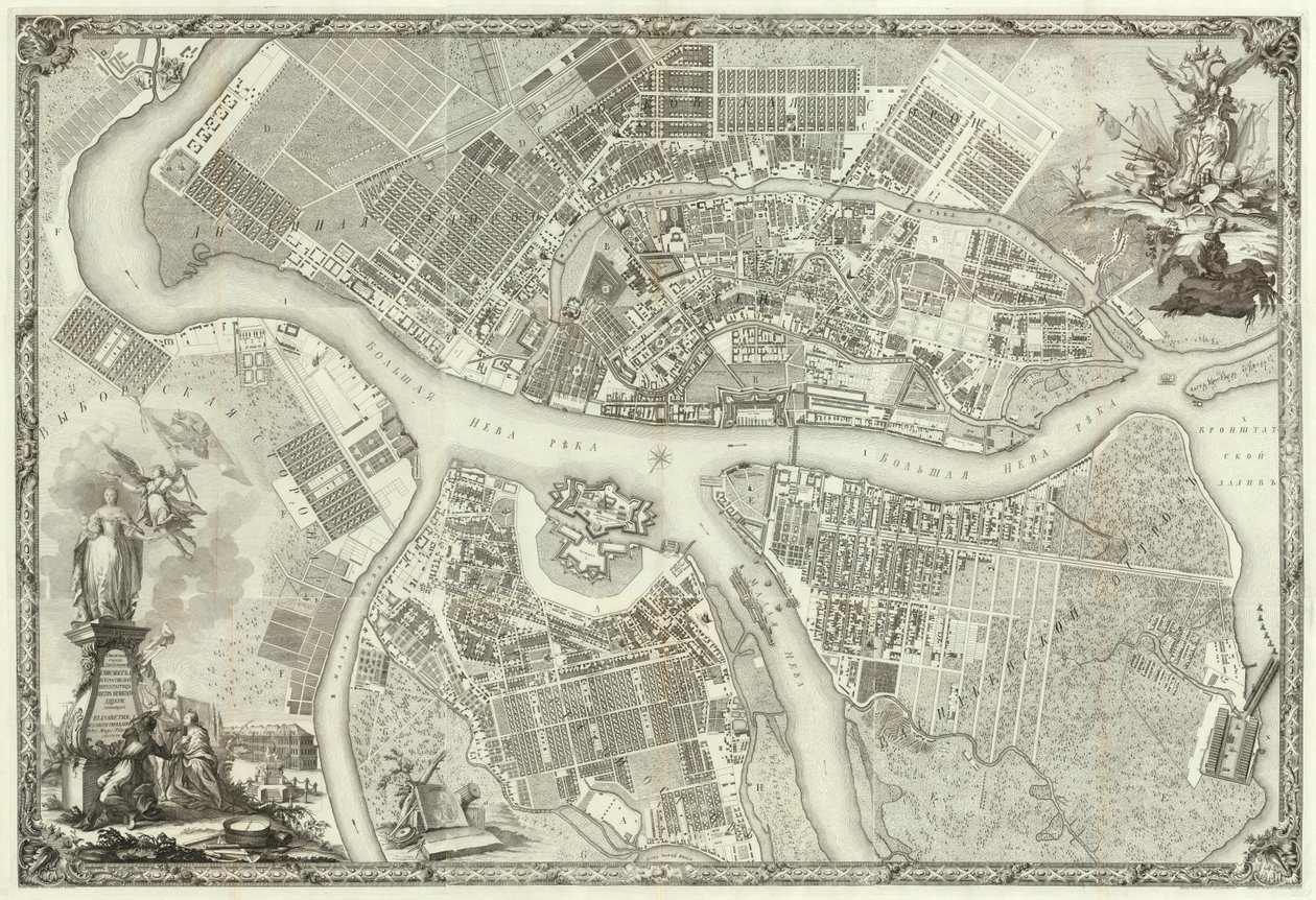 Gravure. Plan van de hoofdstad Sint-Petersburg met afbeeldingen van de belangrijkste perspectieven. 1753. M. I. Machaev door Махаев Михаил Иванович