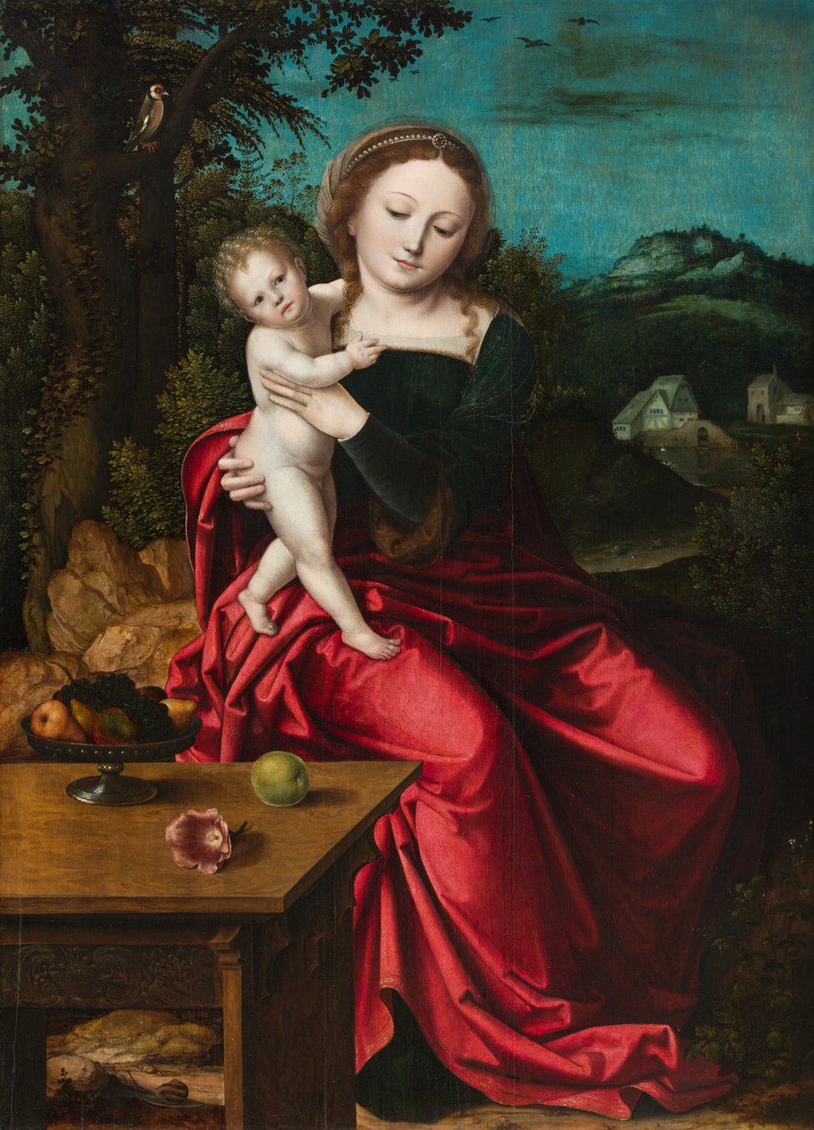Madonna en kind, ca. 1515 door Master of the Parrot