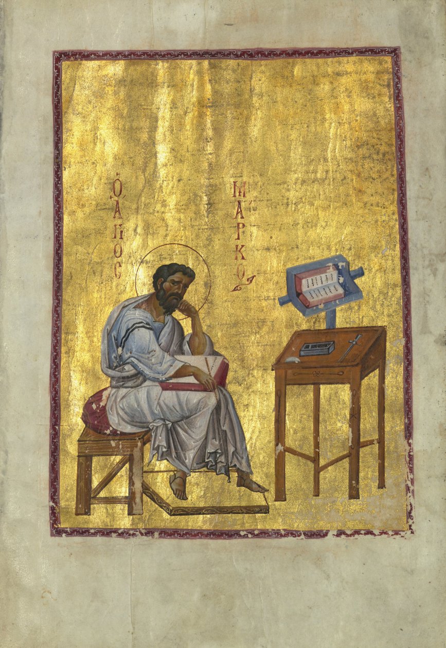 Evangelist Marcus zittend in zijn studeerkamer door Byzantine