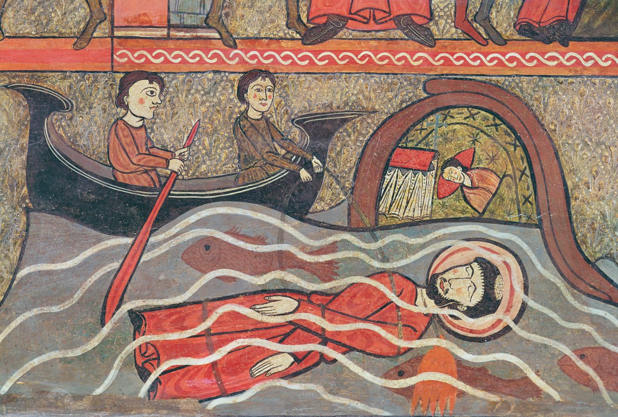 Martelaarschap van Sint Clemens, detail van een altaarfront met scènes uit het leven van Sint Clemens, uit de Kerk van Sant Climent de Taüll, Vall de Boi, Alta Ribagorça, 2e helft 13e eeuw (tempe) door Catalan School