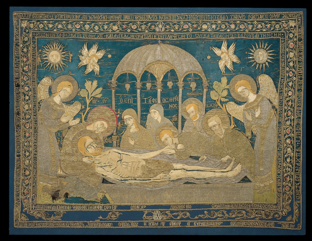 Met gouddraad geborduurde en ingeschreven epitaphios door Despoineta
