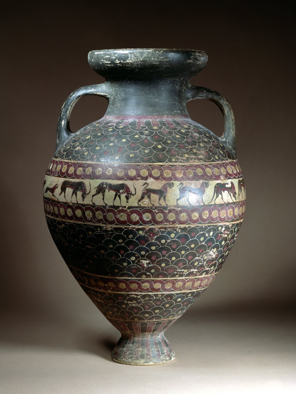 Opslagamfoor met peervormig lichaam versierd met een fries van dieren, guilloche-randen en registers van gestippeld schaalpatroon, Etruskisch-Corintisch, eind 7e eeuw v.Chr. door Etruscan