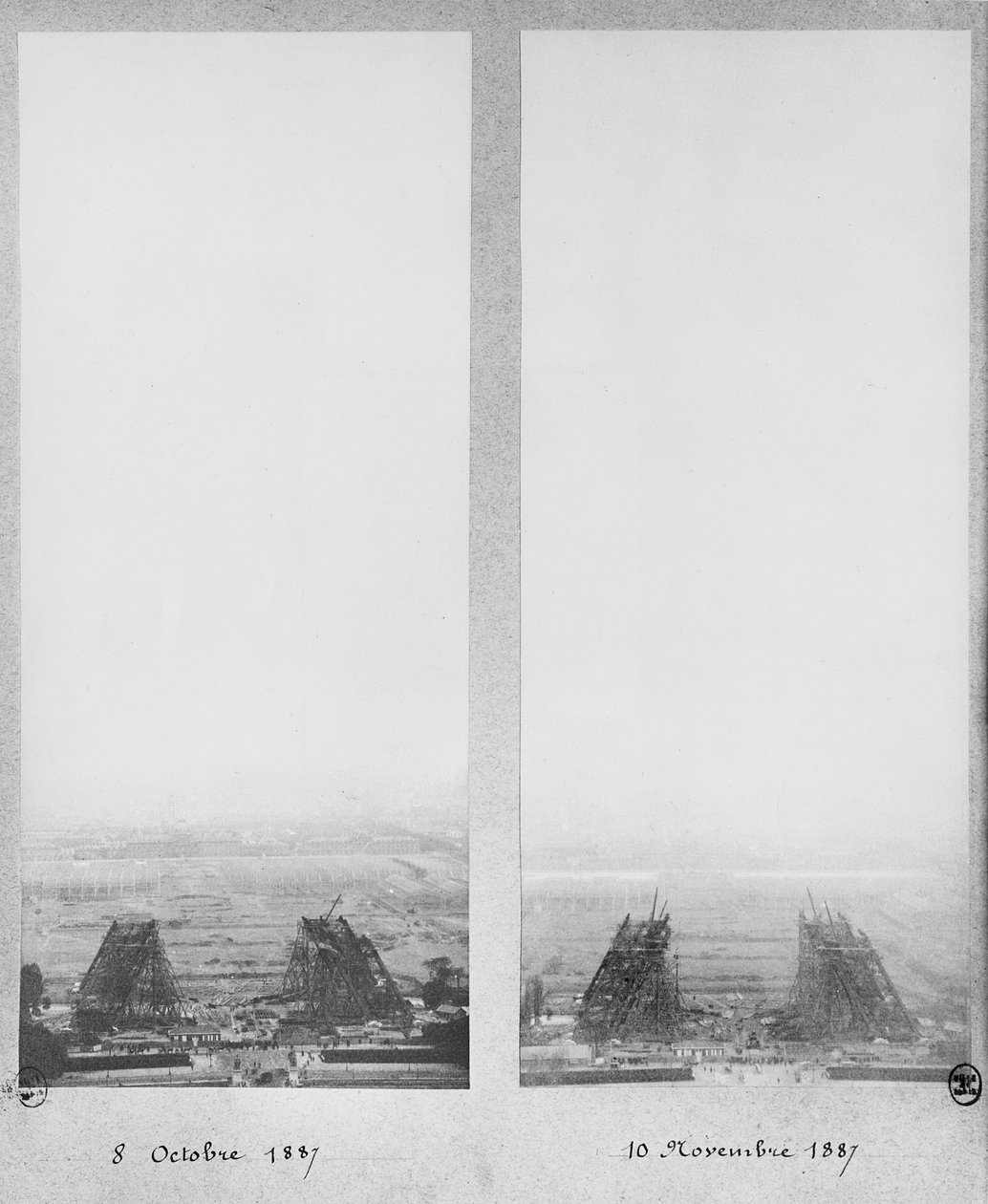 Twee uitzichten op de bouw van de Eiffeltoren, Parijs, 8 oktober en 10 november 1887 door French Photographer