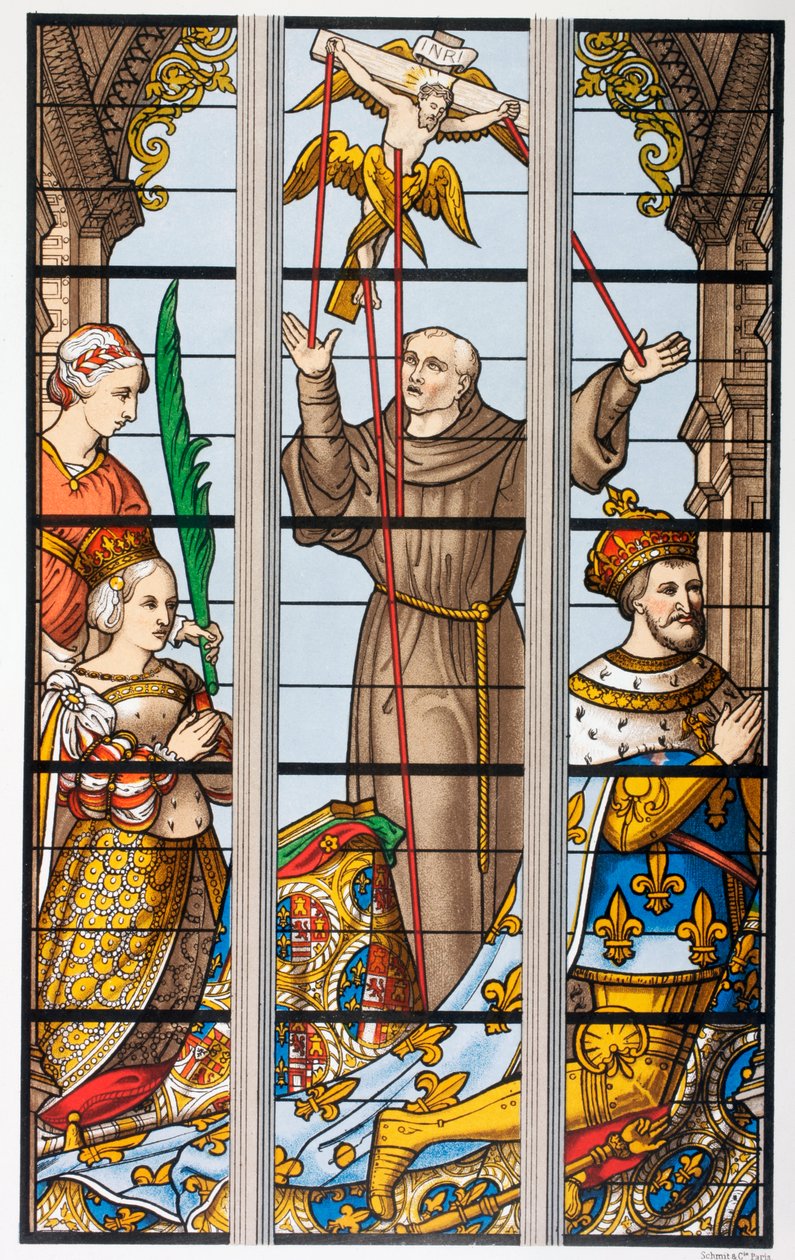 Koning Francois van Frankrijk en zijn vrouw Eleonore biddend, uit een 16e-eeuws glas-in-loodraam in de Sint-Gudulekerk, Brussel, uit 