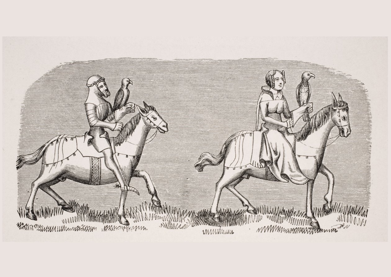 Dame die op jacht gaat met valken, reproductie van een miniatuur in het 14e-eeuwse manuscript 