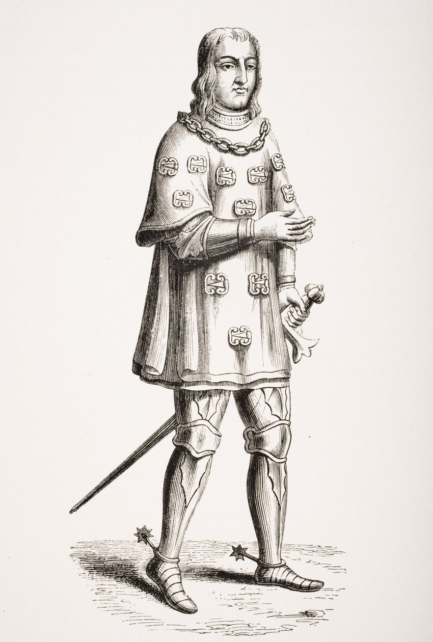 Louis de Mallet afgebeeld in 1487 in oorlogskostuum en toernooi, naar een 16e-eeuwse gravure, uit 