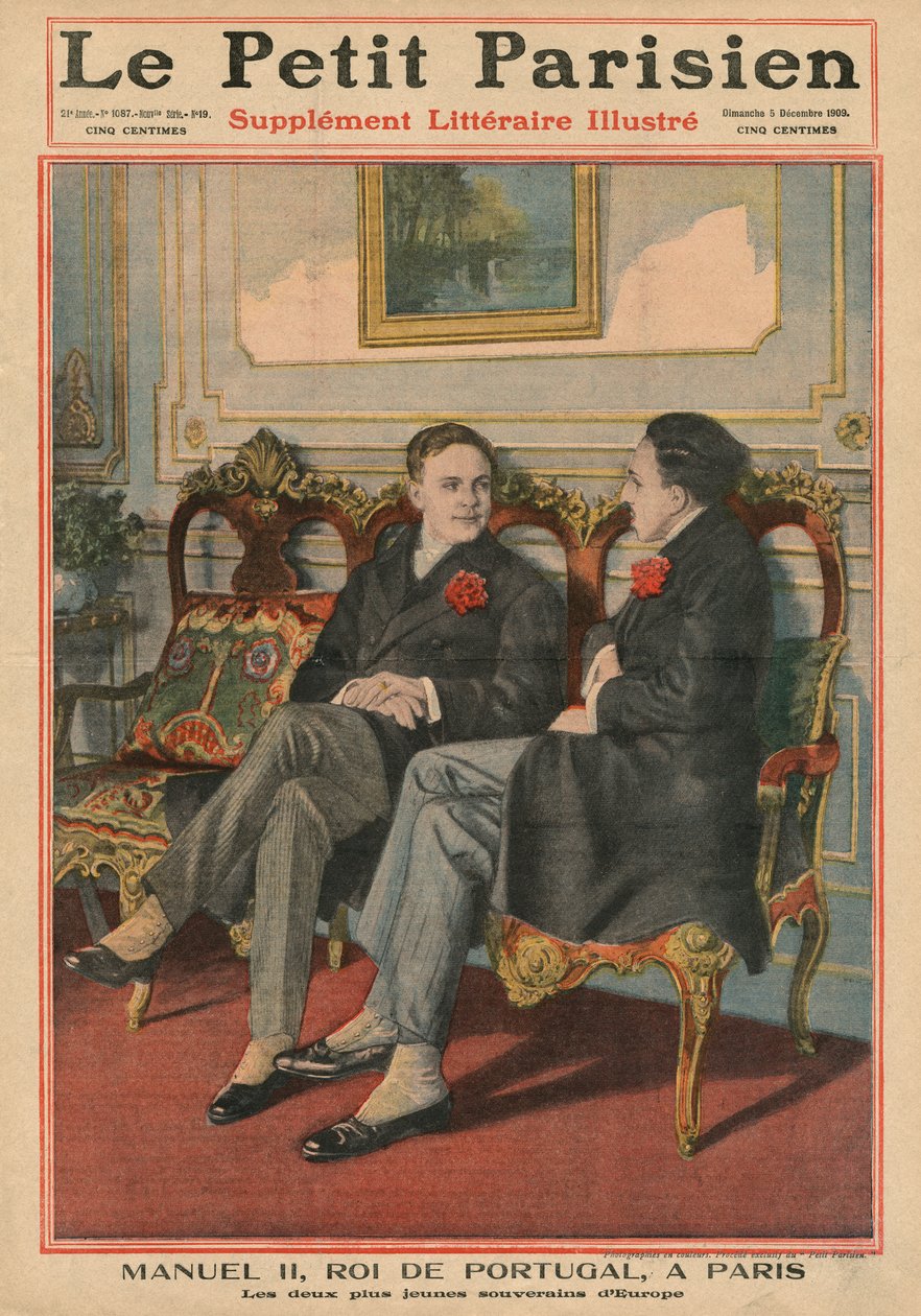 Manuel II, Koning van Portugal, in Parijs met Alfonso XIII, Koning van Spanje, de twee jongste vorsten in Europa, voorpagina illustratie uit 