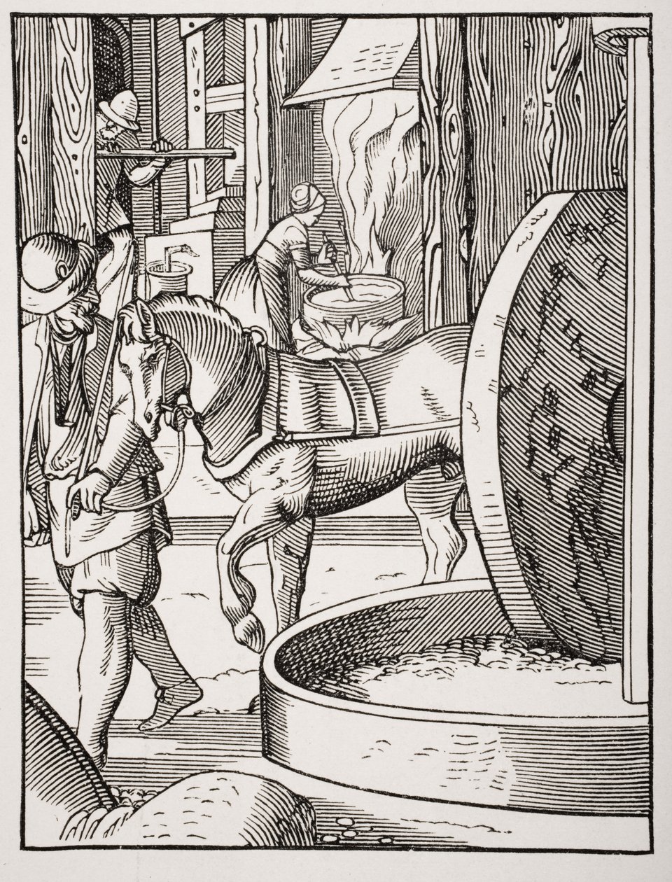 Olieproductie, naar een 16e-eeuwse illustratie getekend en gegraveerd door Jost Amman uit 