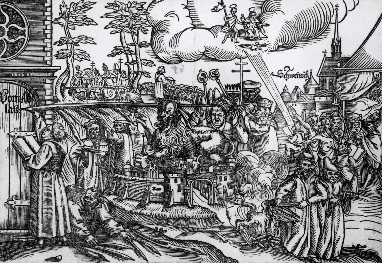 Maarten Luther (1483-1546) schrijft op de kerkdeur in Wittenberg in 1517 door German School