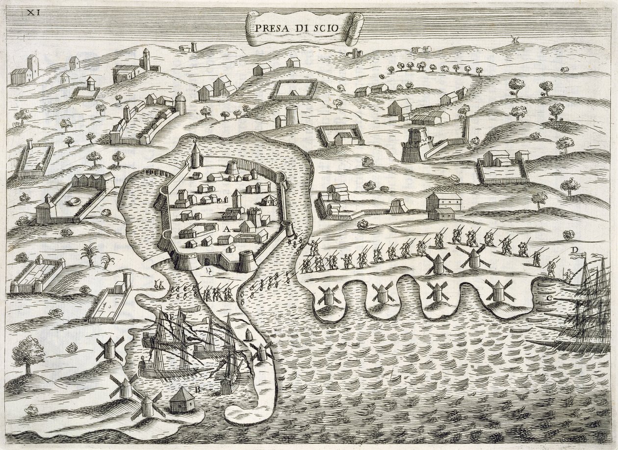 Italiaanse soldaten marcheren de versterkte stad op het eiland Chois binnen, illustratie uit 