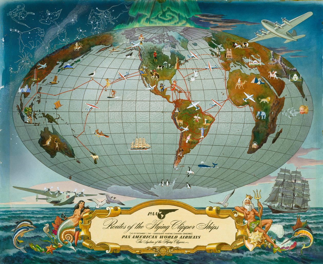 Manuscript Wereldkaart - Pan American World Airways, ca. 1942 door Unknown