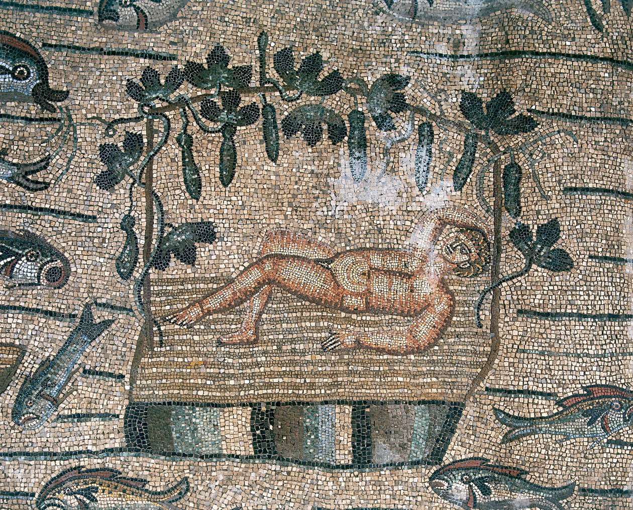 Profeet Jona in rust, detail van de vloer van de vroegchristelijke basiliek van Aquileia, Udine door Unknown