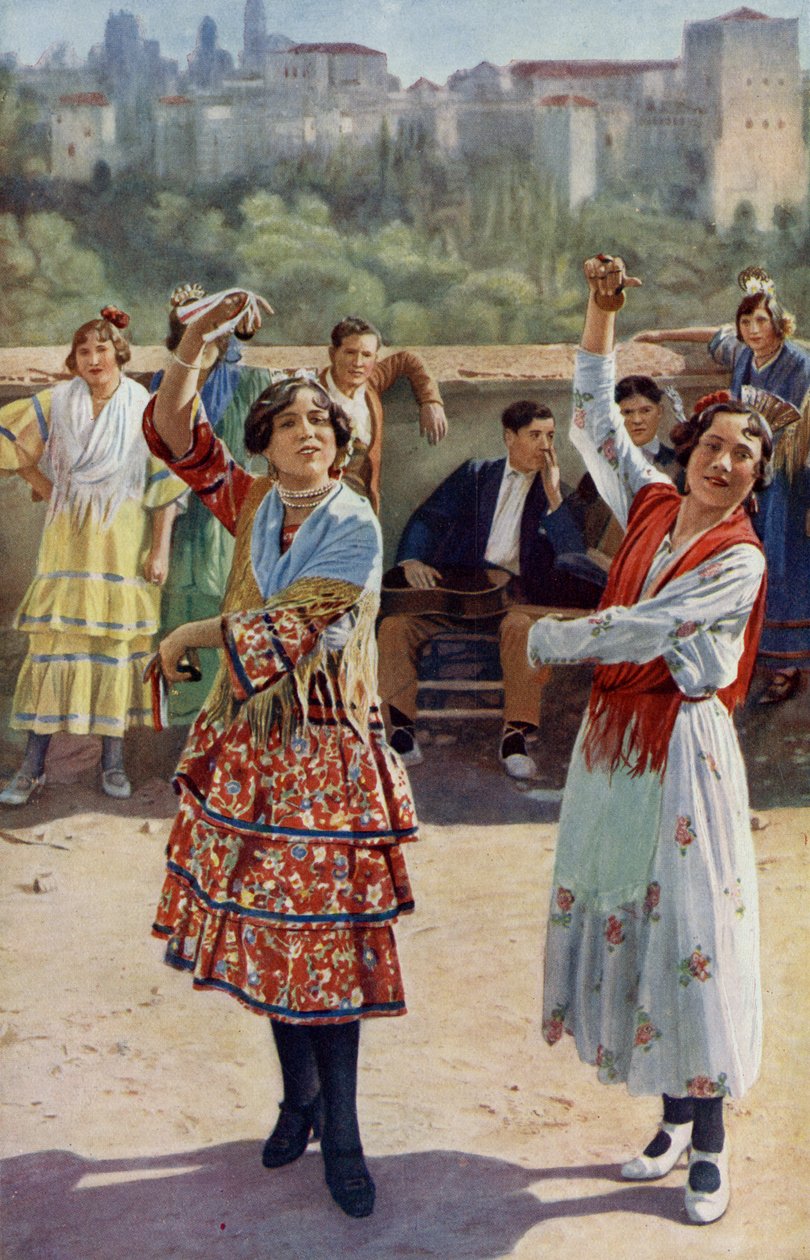 Spanje. Kletterende castagnetten en twangende gitaren begeleiden de ritmische dansen van de jonge zigeunermeisjes uit Granada. 1920 door Unknown