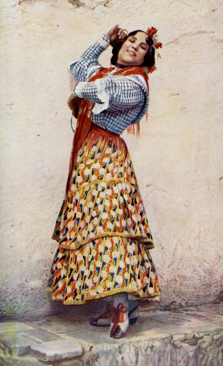 Spanje. Zigeunermeisje uit Granada met blauwzwart haar danst goddelijk. 1920 door Unknown