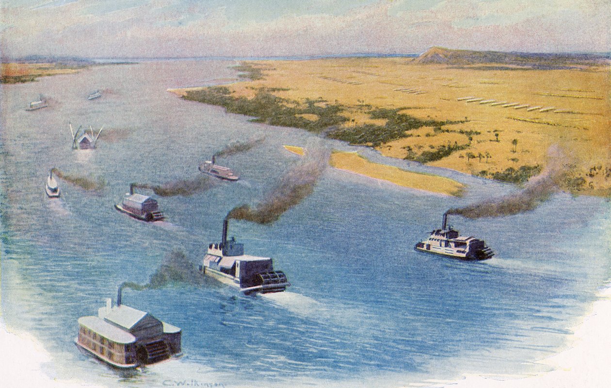 De opmars van de Anglo-Egyptische troepen naar Omdurman, Soedan langs de Nijl in 1898 voorafgaand aan de Slag bij Omdurman door Unknown