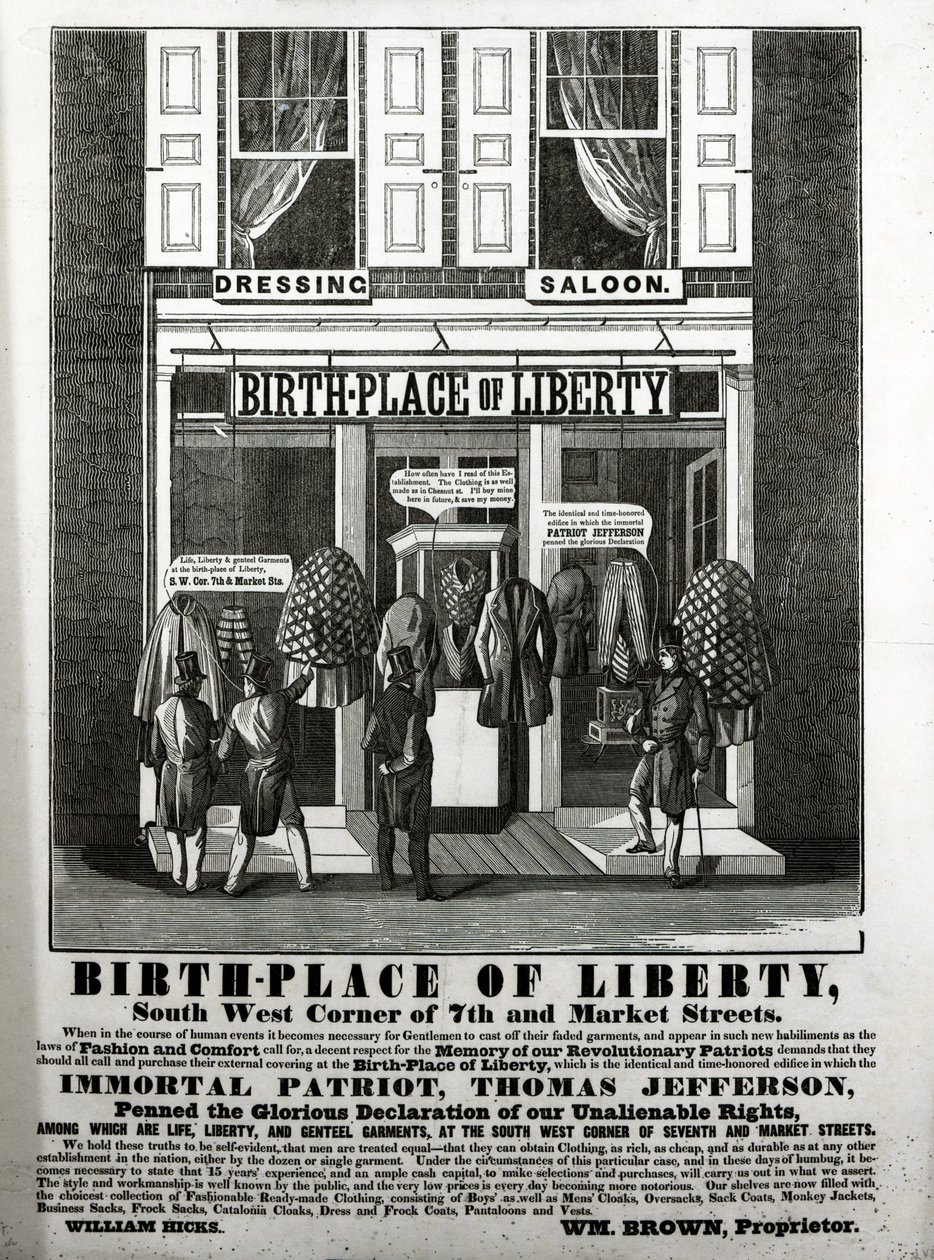 Geboorteplaats van Liberty Dressing Saloon, Zuidwestelijke hoek van 7th en Market Streets... waarin de onsterfelijke patriot, Thomas Jefferson, de glorieuze verklaring van onze onvervreemdbare rechten schreef... door American School