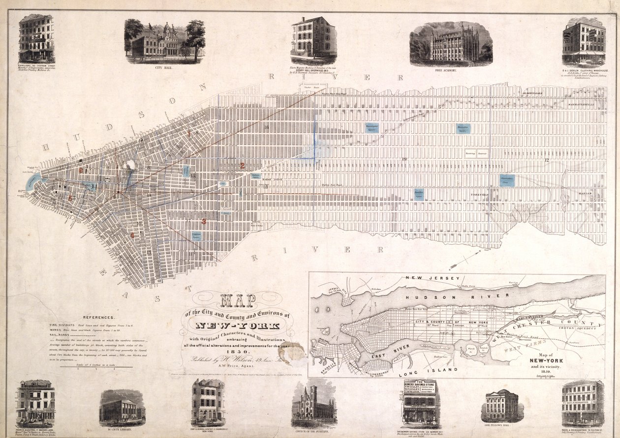 Kaart van de stad en county omgeving van New York met originele karakters en illustraties, 1850 door American School