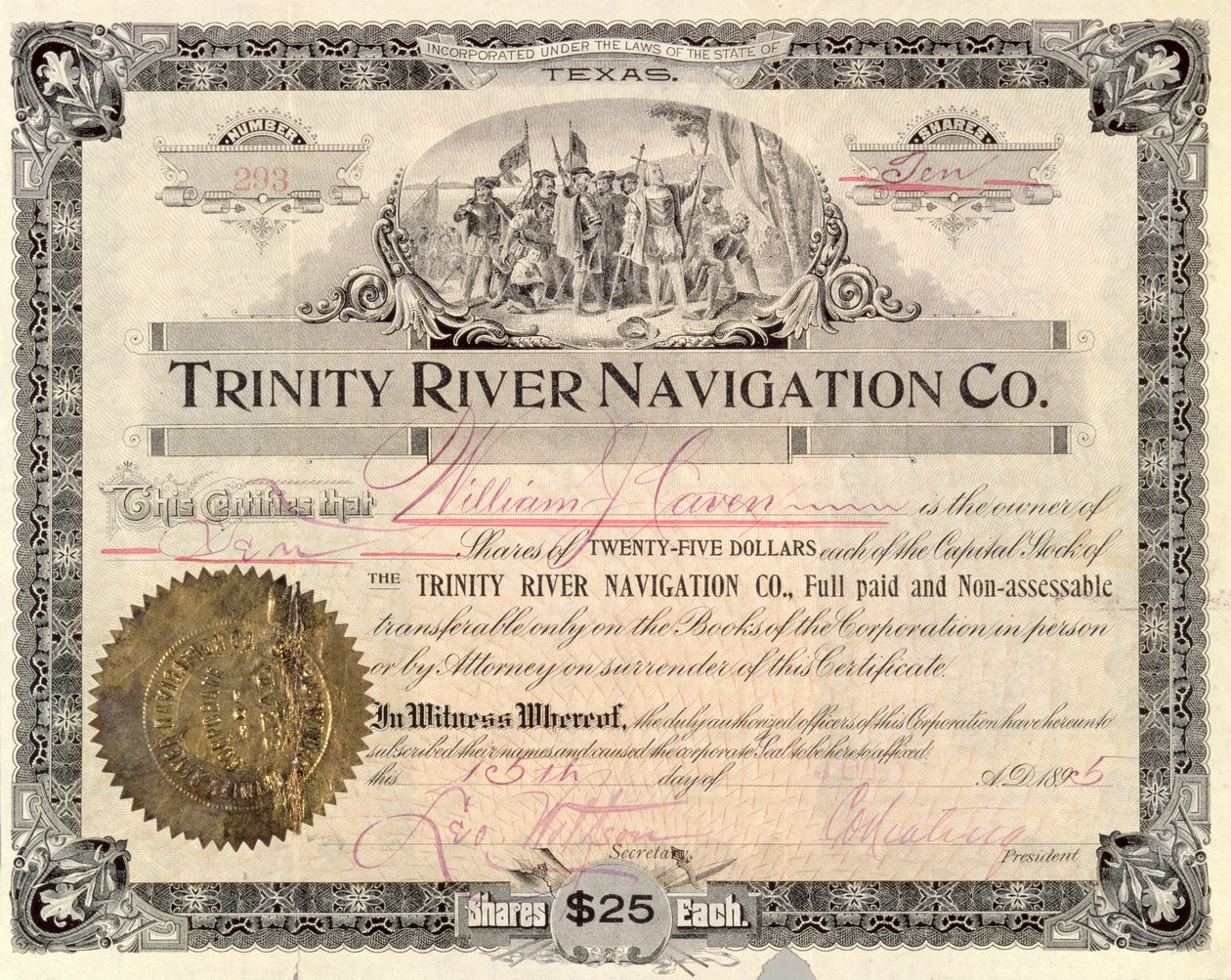 Aandeel voor Trinity River Navigation Co., 1895 door American School