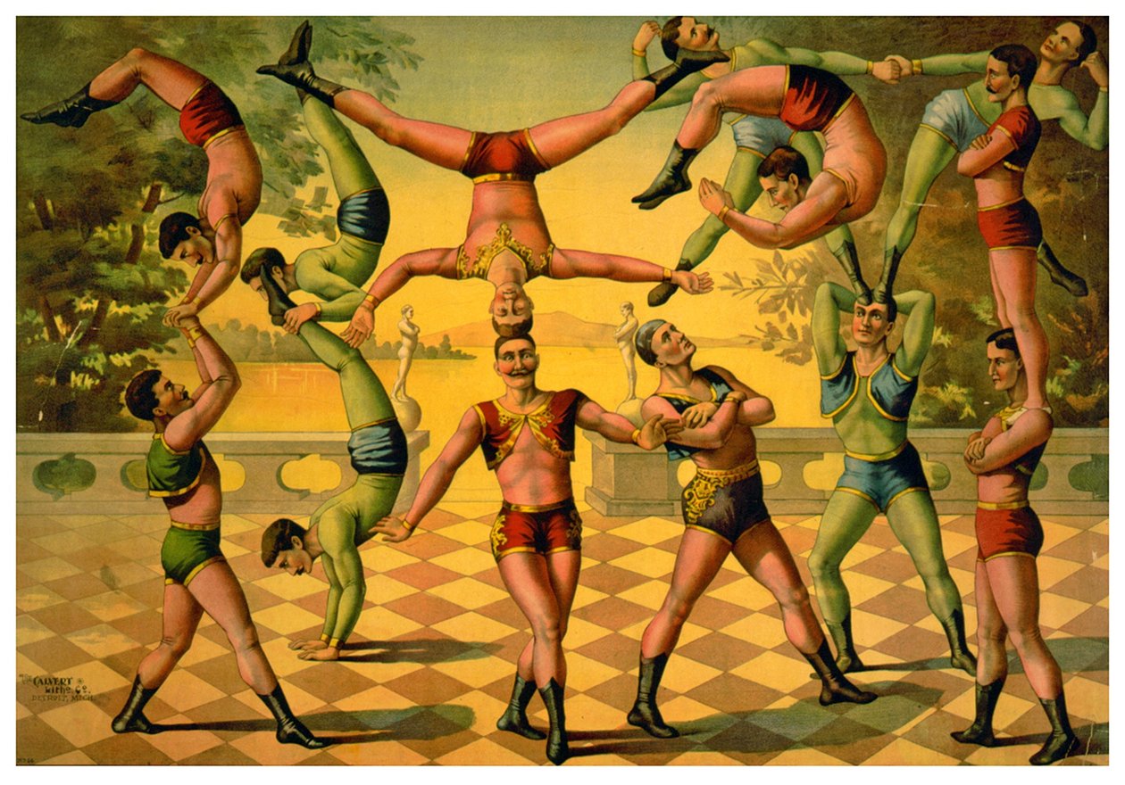 Troupe van mannelijke acrobaten, ca. 1891 door American School