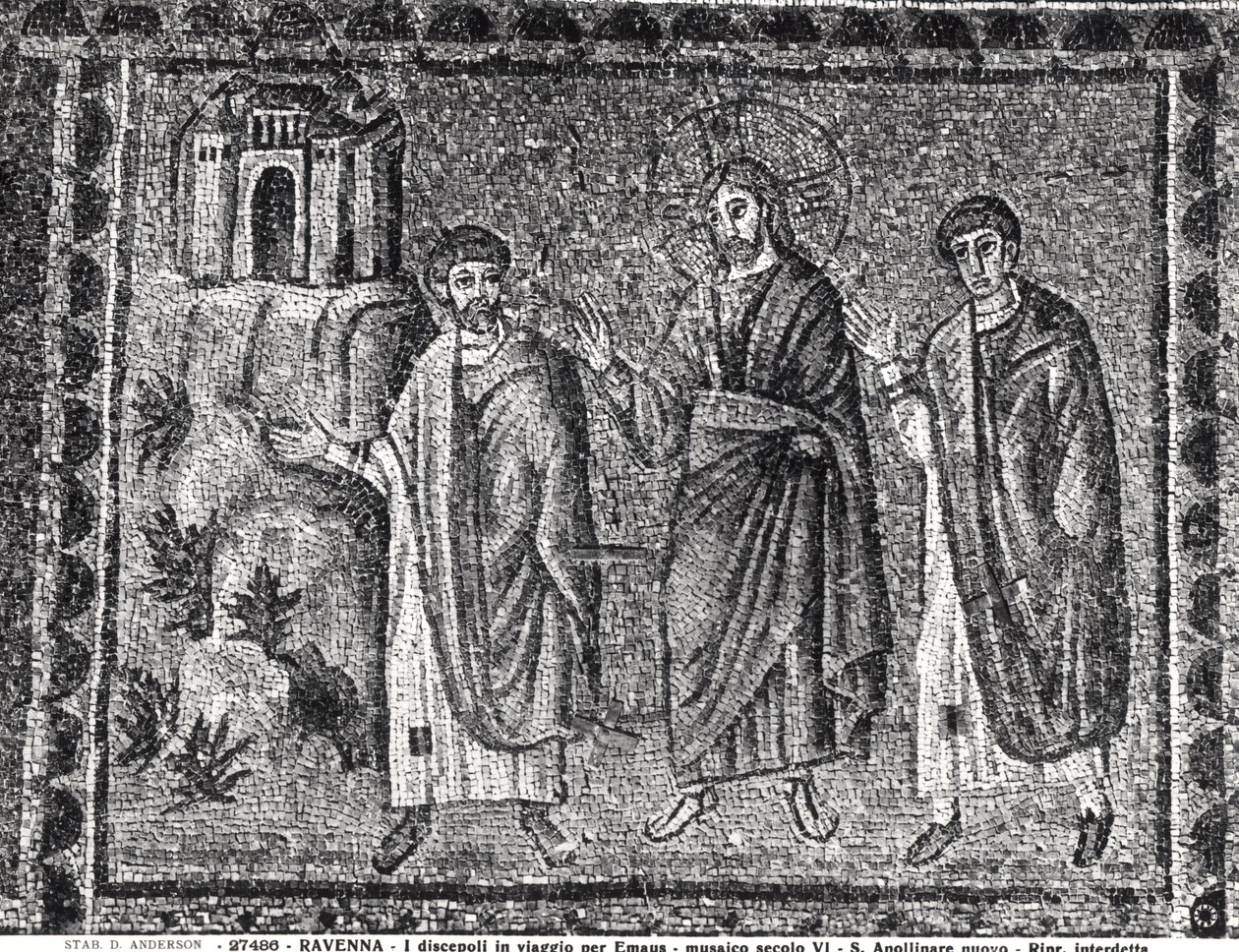Christus op de weg naar Emmaüs (mozaïek) door Byzantine School