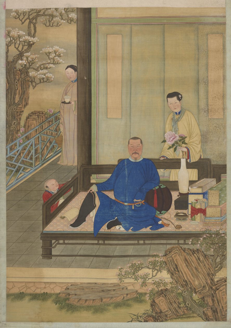 Portret van een niet-geïdentificeerde man en zijn zoon, Qing-dynastie door Chinese School