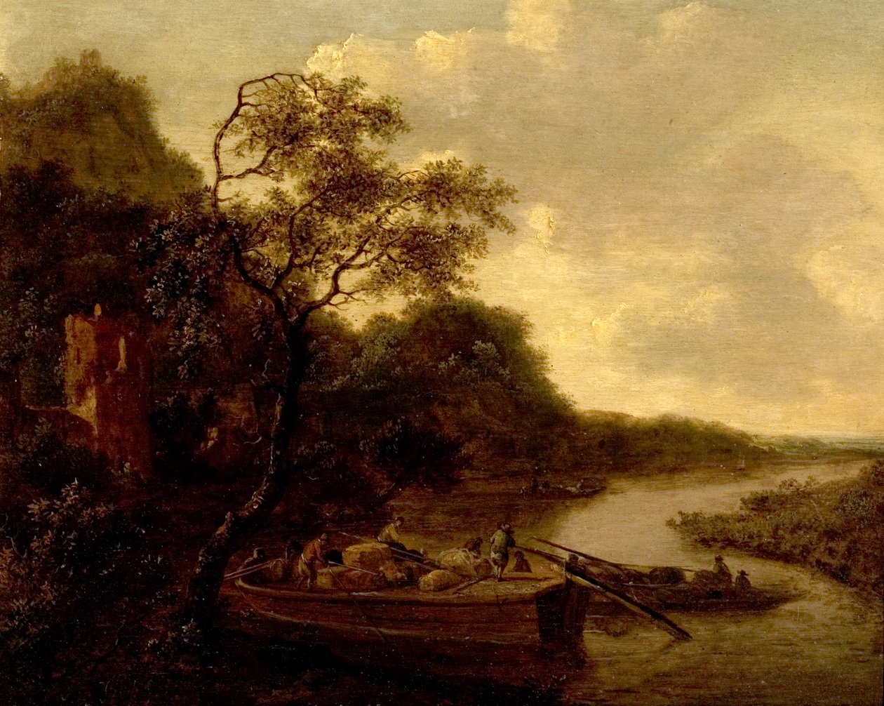 Rivierscène met boot door Dutch School