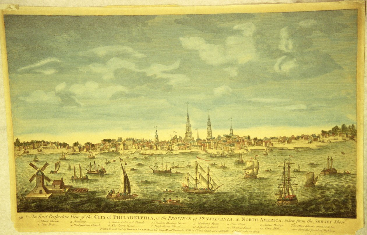 Een Oostelijk Perspectief van de Stad Philadelphia, c.1790 (handgekleurde gravure) door English School