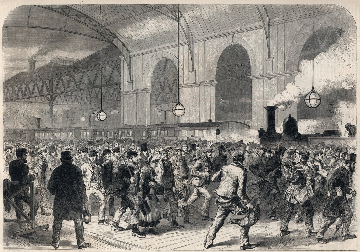 Aankomst van de arbeiderspennytrein op Victoria Station in Londen. door English School