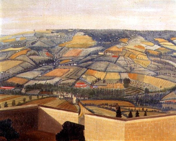 Uitgestrekt landschap gezien vanaf Rodborough Fort, c.1764 (detail) door English School