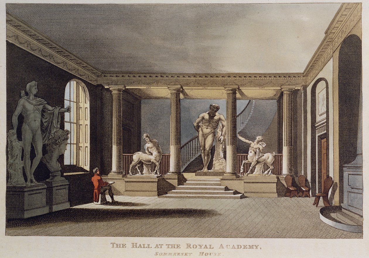 Man tekent een sculptuur in de hal van de Royal Academy of Arts in Somerset House, 1810 door English School