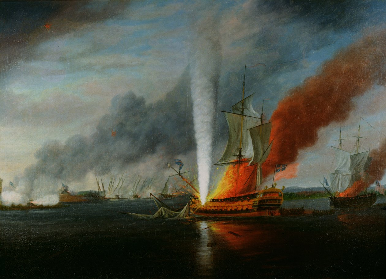 De brand van H.M.S. Augusta in 1777 door English School