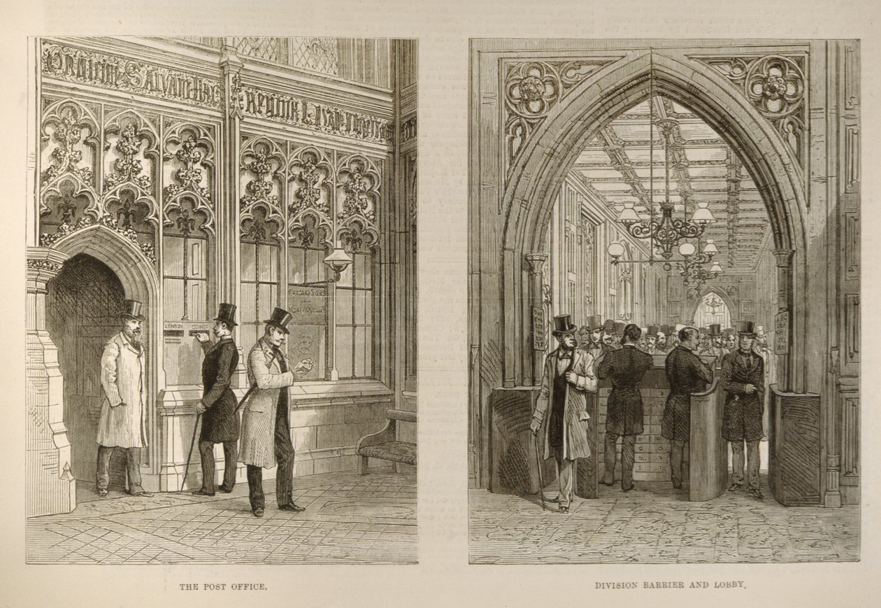 Het Lagerhuis: Het postkantoor en de scheidingsbarrière en lobby door English School