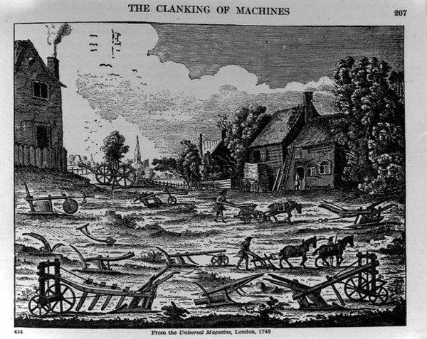 Typen van vroege Engelse ploegen, illustratie uit The Universal Magazine, 1748, uit The Pageant of America, Vol.3, door Ralph Henry Gabriel, 1926 door English School