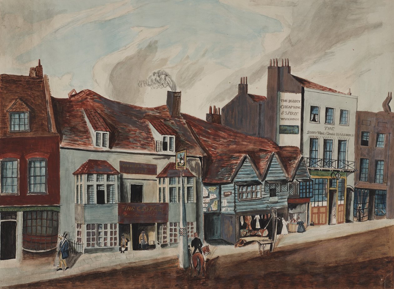 Uitzicht op Newington Butts, Southwark met de George Tavern en winkelpuien, ca. 1825 door English School