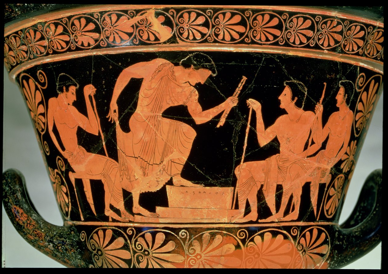 Een muzikaal concours, detail van een Attische roodfigurige calyx-krater, uit Cervetri, Italië, ca. 510 v.Chr. door Euphronios