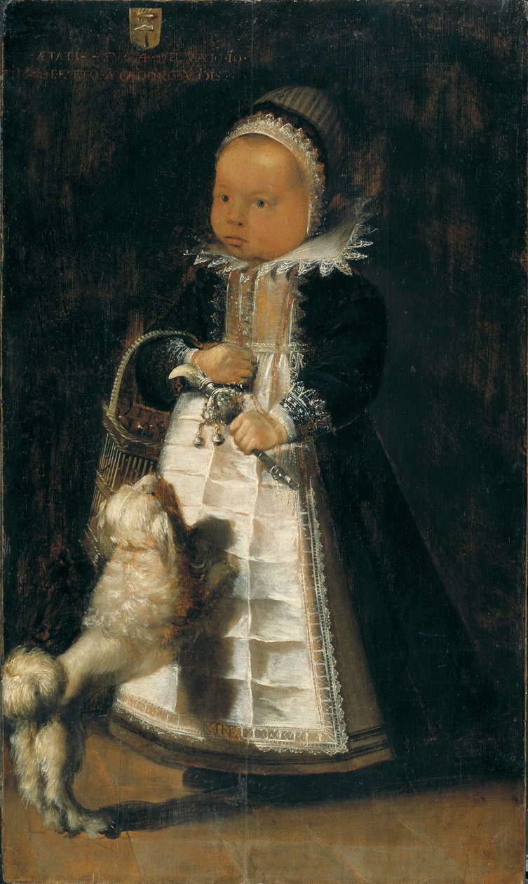 Portret van een meisje met een hond door Flemish School