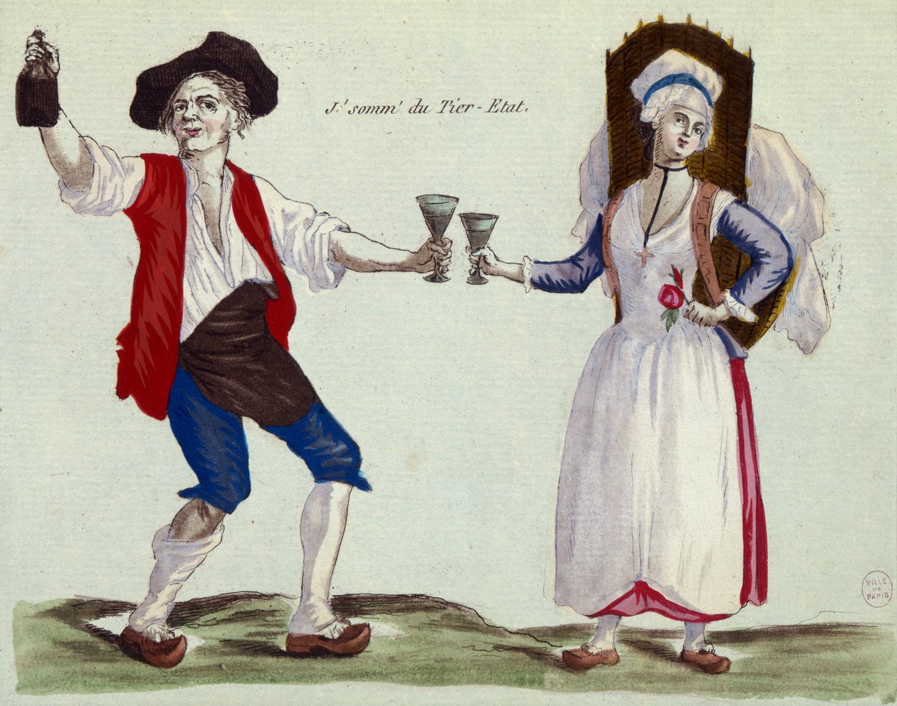 Ik drink op de Derde Stand (gekleurde gravure & aquatint) door French School