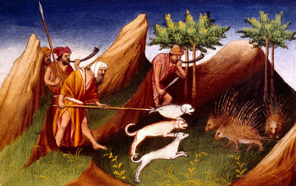Ms Fr 2810 f.18, Stekelvarkenjacht in Badakhehan, uit Livre des Merveilles du Monde, c.1410-12 door French School