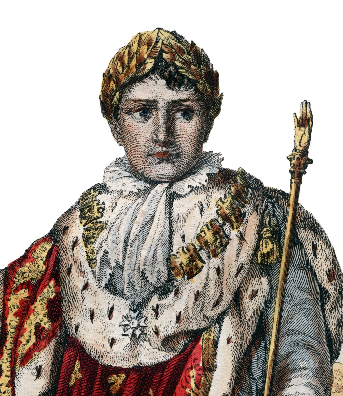 Portret van Napoleon I (Napoleon Bonaparte) (1769-1821), Keizer van de Fransen, in keizerlijke gewaden door French School